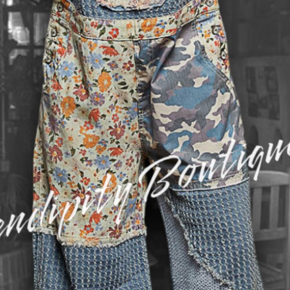 POL LAST ONE Boho Mixed Fabric Cotton Denim Floral Patch Suspender Strap Jeans - Picture 7 of 16